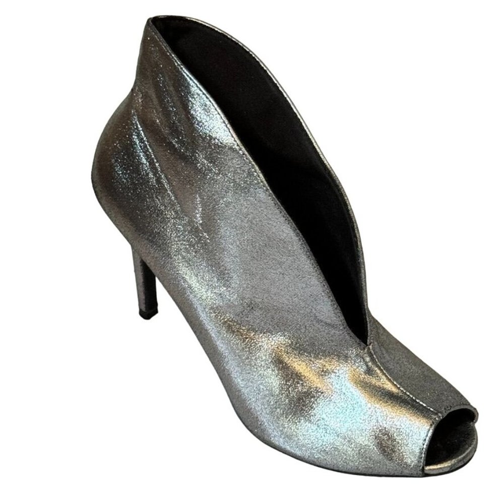 Christian Siriano Shoes Metallic Silver Ankle Vamp V Stiletto Heel Peep Toe Boot